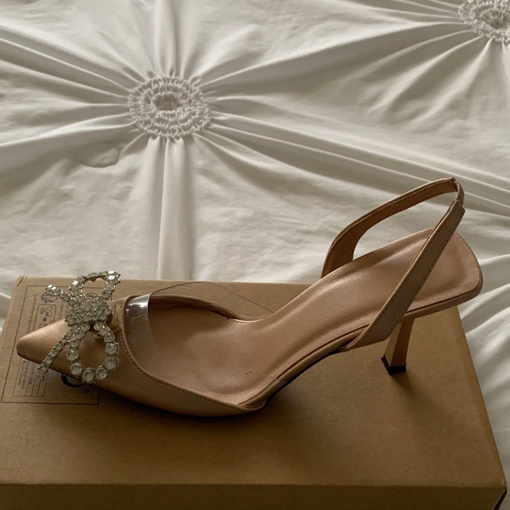 SHEIN Tan Slingback Heels with Rhinestone Bow